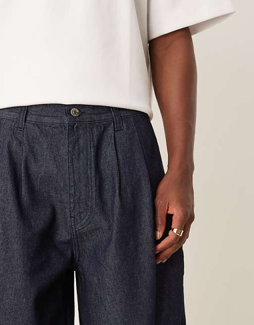 DESIGN Long Length Denim Jorts With Pleats In Dark Wash Blue