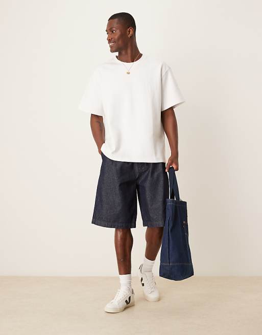 DESIGN long length denim jorts with pleats in dark wash blue