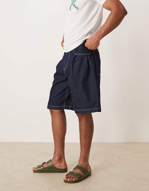 DESIGN Long Length Denim Jorts With Pocket Pleats In Raw Wash
