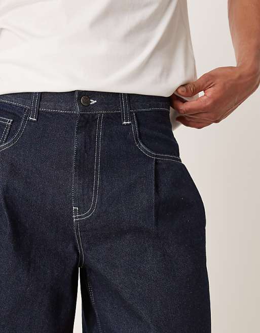 DESIGN Long Length Denim Jorts With Pocket Pleats In Raw Wash