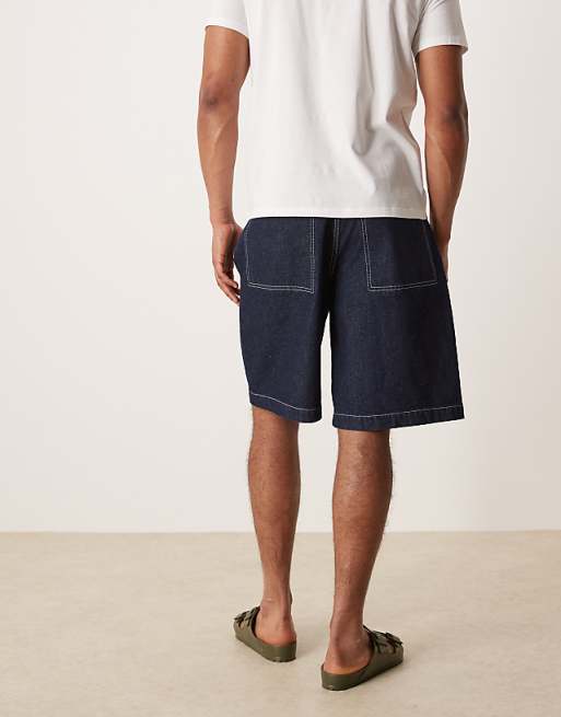 DESIGN Long Length Denim Jorts With Pocket Pleats In Raw Wash