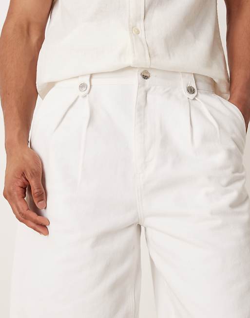 DESIGN Long Length Denim Jorts With Pointed Pleats In White