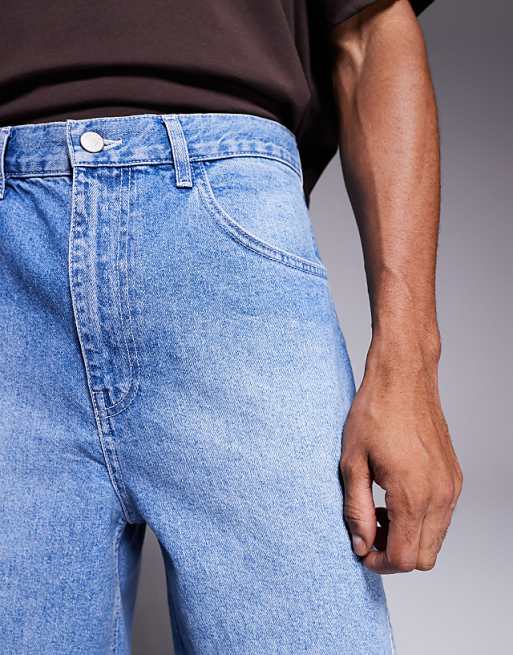 DESIGN Long Length Denim Jorts With Twisted Seam In Light Wash Blue