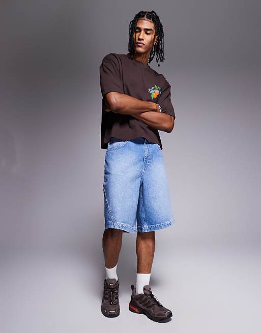DESIGN Long Length Denim Jorts With Twisted Seam In Light Wash Blue