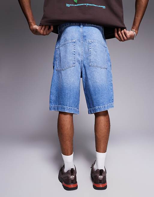 DESIGN Long Length Denim Jorts With Twisted Seam In Light Wash Blue
