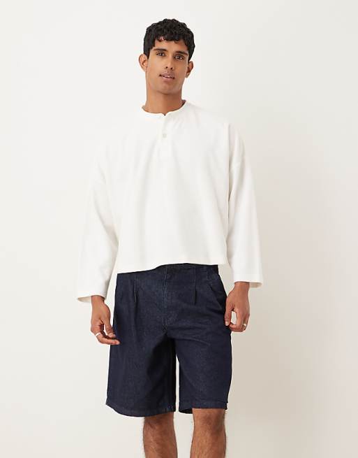 DESIGN Long Length Double Pleated Denim Jort In Mid Wash Blue