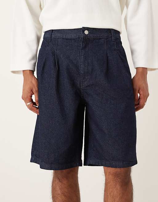 DESIGN Long Length Double Pleated Denim Jort In Mid Wash Blue