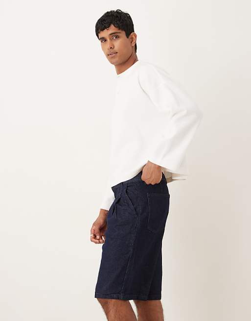 DESIGN Long Length Double Pleated Denim Jort In Mid Wash Blue