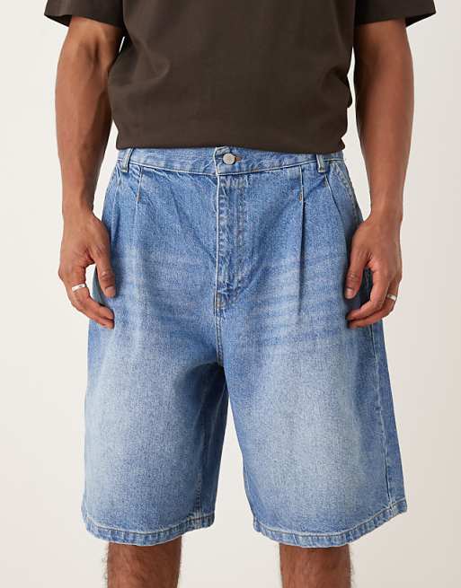 DESIGN Long Length Double Pleated Denim Jort In Raw Wash