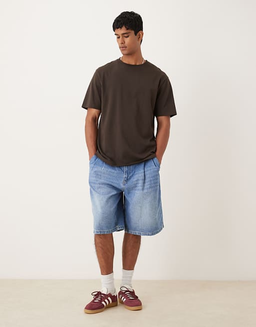 DESIGN long length double pleated denim jort in raw wash