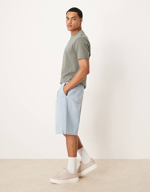 DESIGN Long Length Double Pleated Denim Jort In Bleach Wash