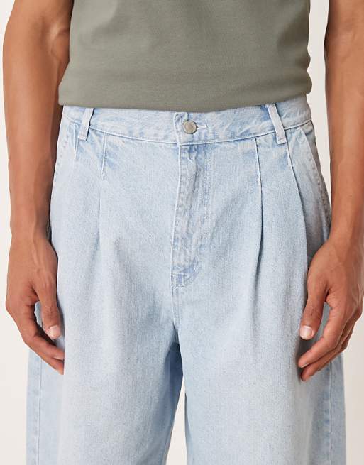 DESIGN Long Length Double Pleated Denim Jort In Bleach Wash