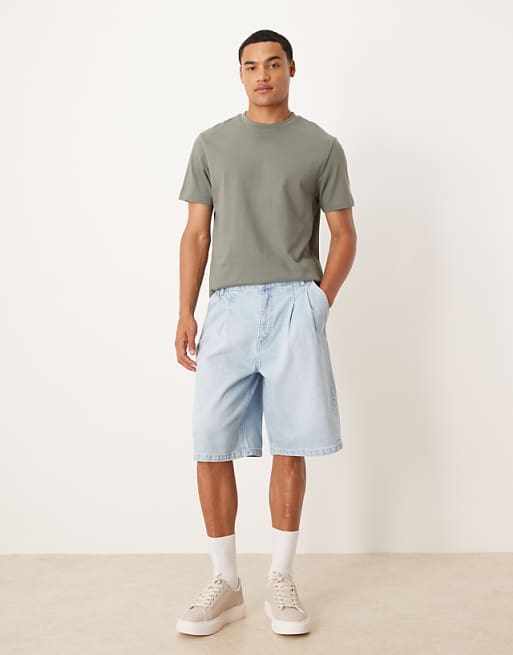 DESIGN long length double pleated denim jort in bleach wash