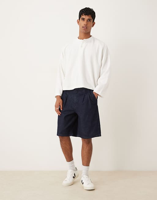 DESIGN long length double pleated denim jort in mid wash blue