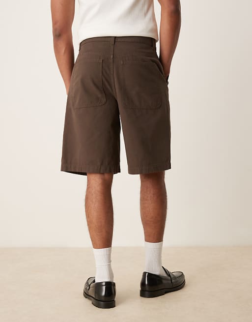 DESIGN Long Length Double Pleated Shorts In Brown