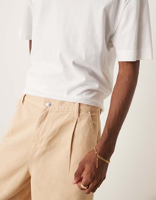 DESIGN Long Length Pleated Shorts In Beige
