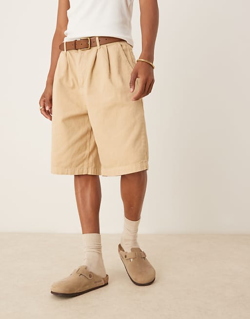 DESIGN Long Length Pleated Shorts In Beige