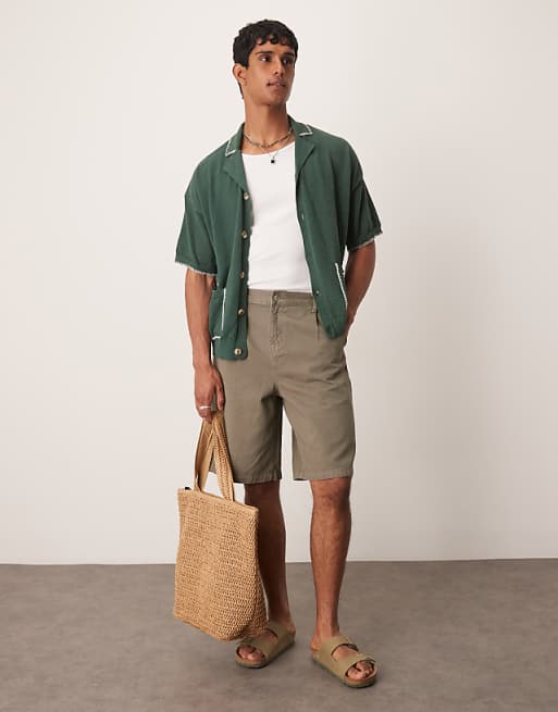 DESIGN long length pleated shorts in khaki