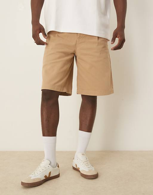 DESIGN long length pleated shorts with double darts in beige
