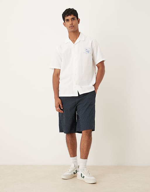 DESIGN Long Length Pull On Shorts In Navy Pinstripe
