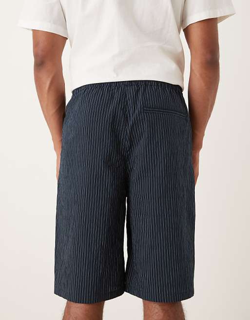 DESIGN Long Length Pull On Shorts In Navy Pinstripe