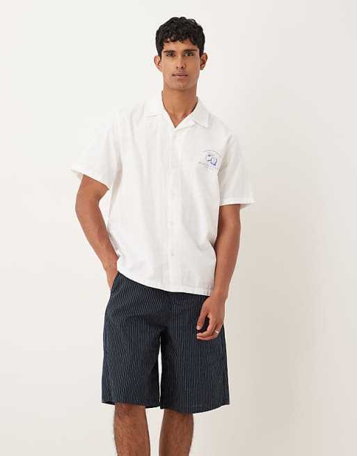 DESIGN long length pull on shorts in navy pinstripe