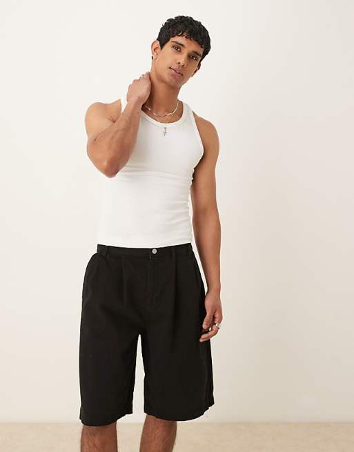 DESIGN Long Length Shorts In Black With Double Pleats