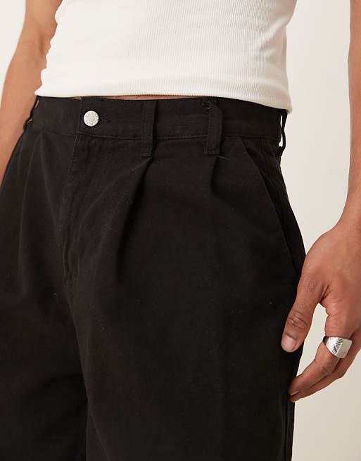 DESIGN Long Length Shorts In Black With Double Pleats