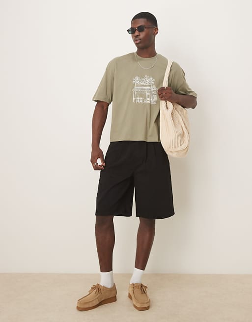 DESIGN long length shorts with double pleats in black