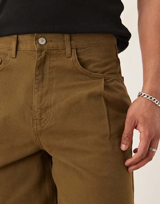 DESIGN Long Length Shorts With Pleat Detailing In Khaki