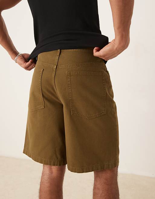 DESIGN Long Length Shorts With Pleat Detailing In Khaki