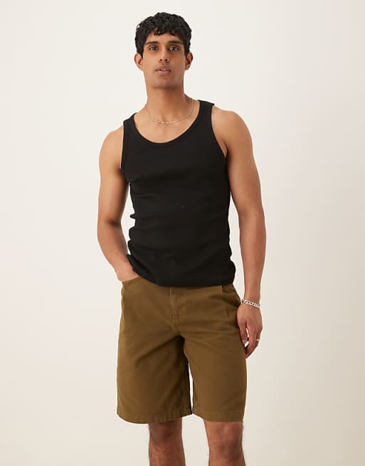 DESIGN Long Length Shorts With Pleat Detailing In Khaki