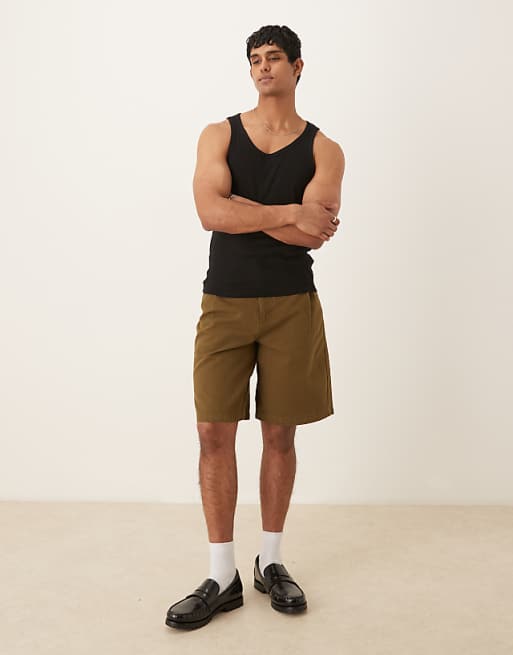 DESIGN long length shorts with pleat detailing in khaki