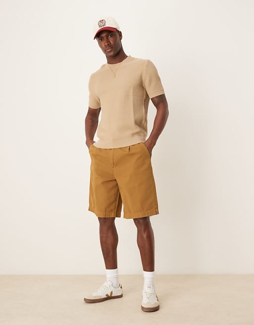 DESIGN Long Length Shorts With Pleats And Double Darts In Tan