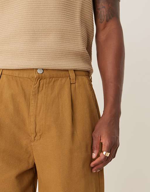 DESIGN Long Length Shorts With Pleats And Double Darts In Tan