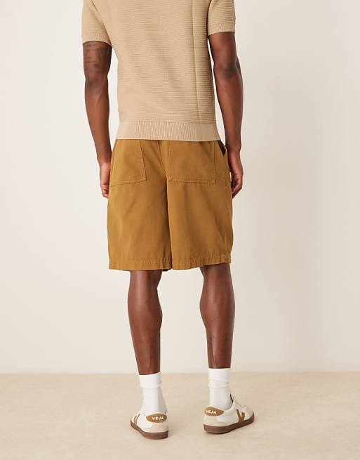 DESIGN Long Length Shorts With Pleats And Double Darts In Tan