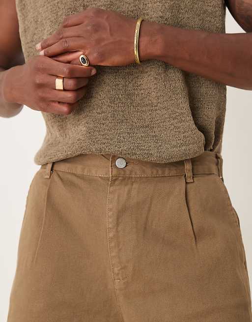 DESIGN Long Length Shorts With Pleats And Double Darts In Tan