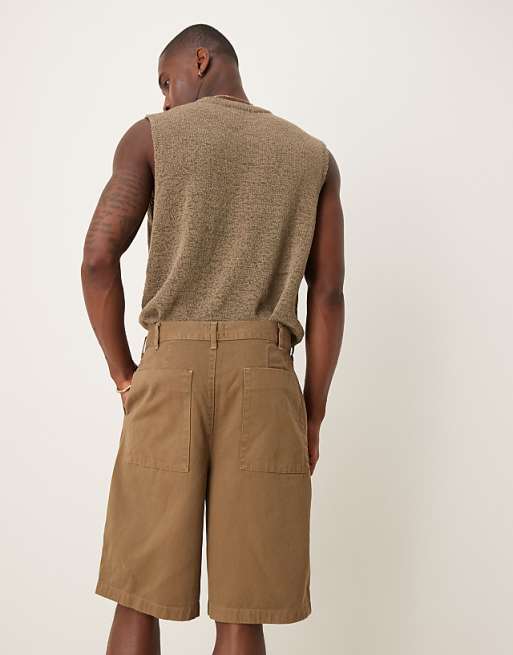 DESIGN Long Length Shorts With Pleats And Double Darts In Tan