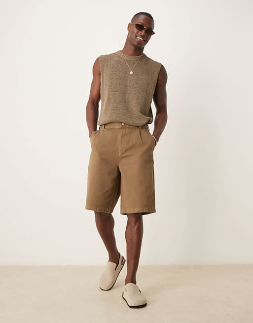DESIGN long length shorts with pleats and double darts in tan
