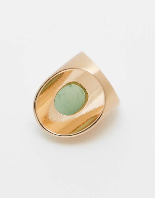 DESIGN Long Ring With Faux Sage Stone Set In Brushed Gold