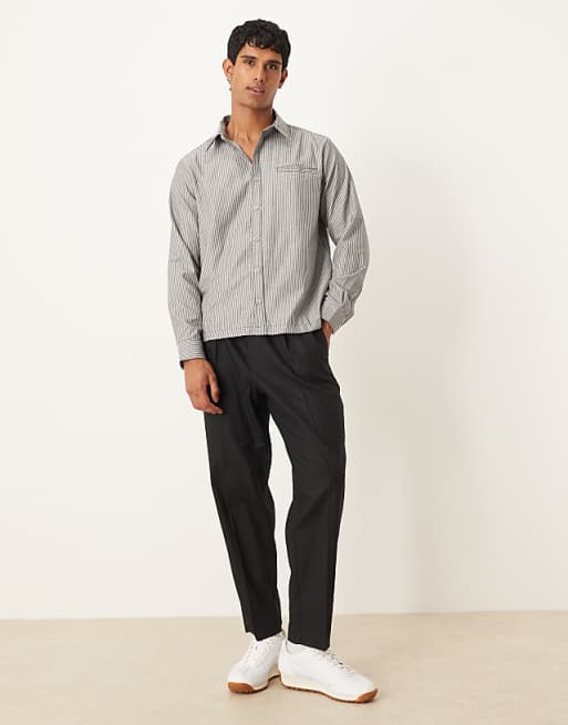 DESIGN Long Sleeve Overshirt With Square Collar In Charcoal Stripe