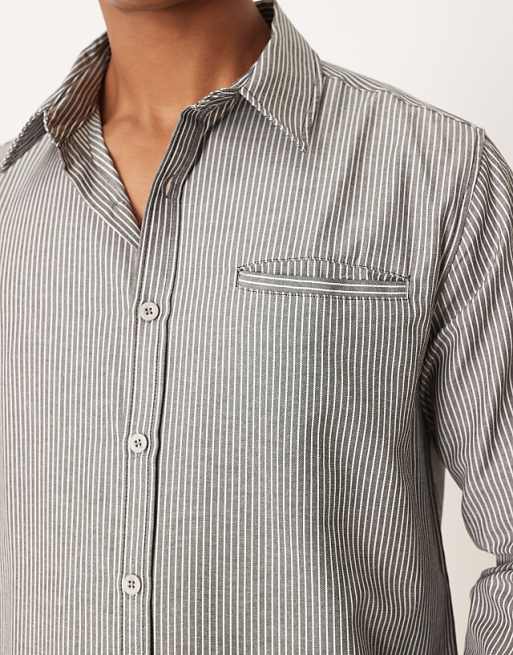 DESIGN Long Sleeve Overshirt With Square Collar In Charcoal Stripe