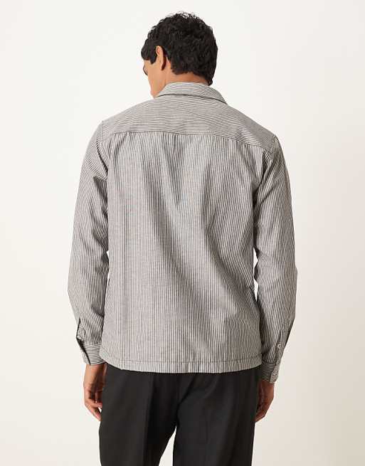 DESIGN Long Sleeve Overshirt With Square Collar In Charcoal Stripe