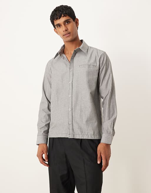 DESIGN long sleeve overshirt with square collar in charcoal stripe