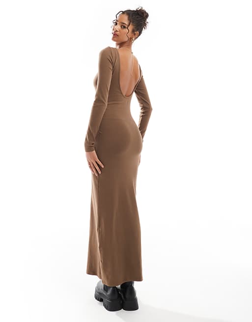 DESIGN Long Sleeve Ruched Side Midi Dress In Brown