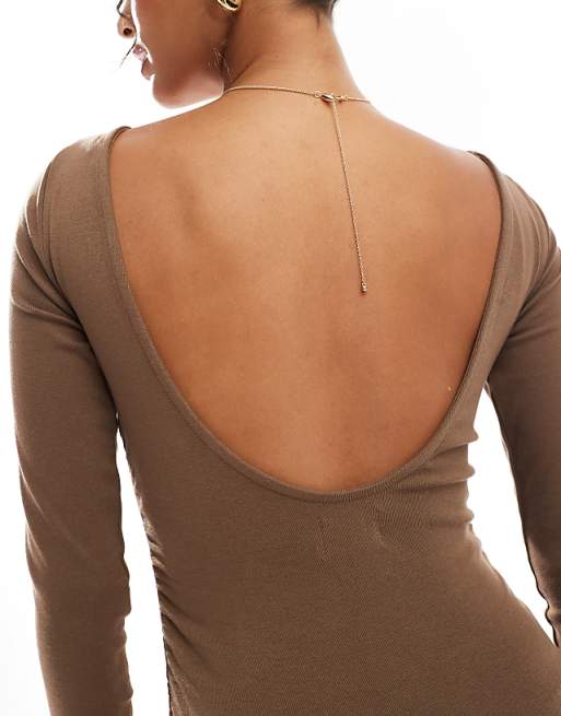 DESIGN Long Sleeve Ruched Side Midi Dress In Brown