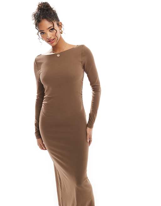 DESIGN Long Sleeve Ruched Side Midi Dress In Brown