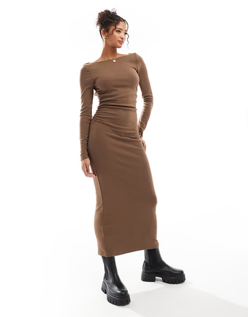 DESIGN Long Sleeve Ruched Side Midi Dress In Brown