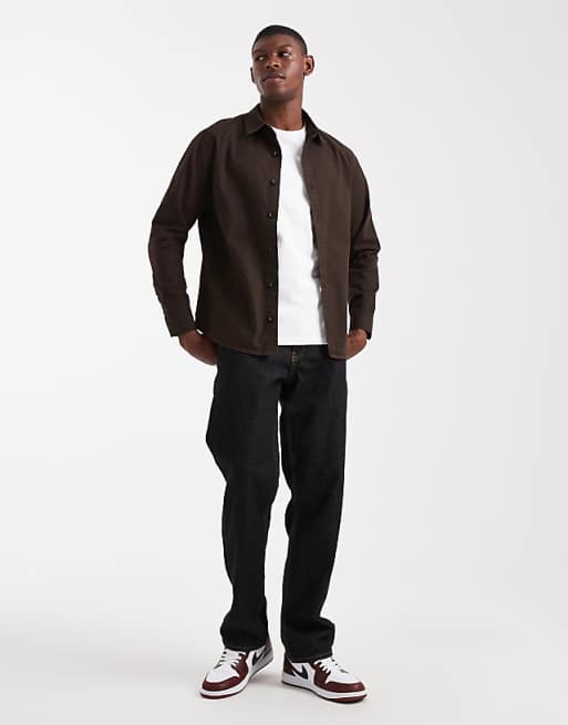 DESIGN Long Sleeve Shirt In Brown Ripstop