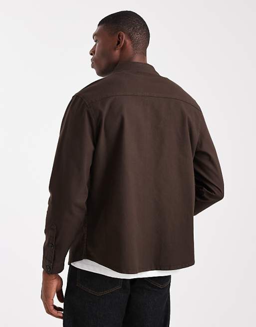 DESIGN Long Sleeve Shirt In Brown Ripstop